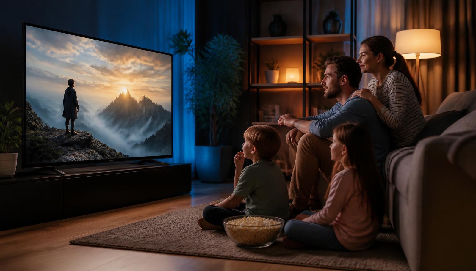 Família assistindo filme na TV grande em casa com pipoca